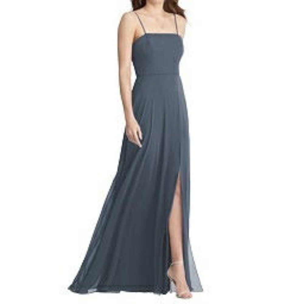 Dessy Long Slate Blue Chiffon Formal Bridesmaid Dress Square Neck Slit